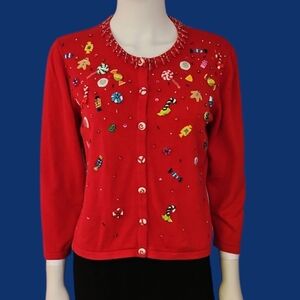 BEREK by Takako Sakon Red Beaded Embellished Christmas Candy Button Down Sweater